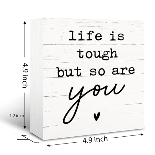 Positive Wood Sign, Inspirational Wooden Box Signs, Funny Office Signs for Tabletop, Modern Decoration for Table Shelf, Motivational Quotes Desk Decor, Life is Tough But So Are You Sign, White - color: White