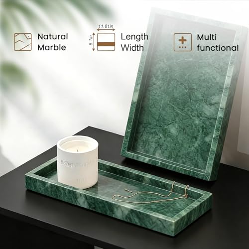 Natural Marble Tray, Stone Tray for Bedroom/Bathroom/Kitchen/Vanity Countertop, Jewelry Tray for Rings Earrings Necklace Bracelet Watch, Room Decor Aesthetic - color: Jade Green, size: 11.8" x 5.1" x 1.2"