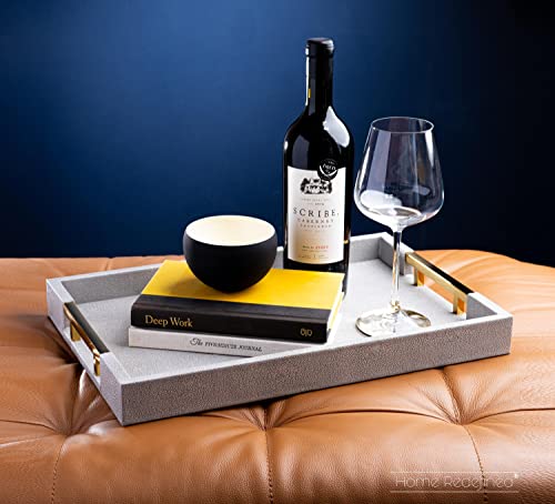 Home Redefined Modern Elegant 17.5"x12" Rectangle Glossy Grey Shagreen Faux Leather Decorative Tray Ottoman Coffee Table Perfume Kitchen Display Perfume Serving Tray with Gold Polished Metal Handles. - color: Grey/Gold