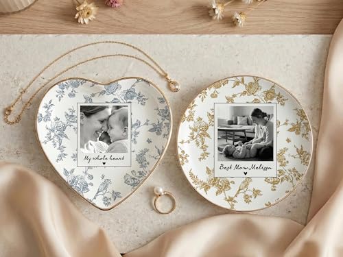 Personalized Heart Photo Ring Dish Toile De Jouy Custom Jewelry Tray Mother Of The Bride Wedding Keepsake Porcelain Trinket Bowl Birthday Engagement Present For Her Daughter Son Jewelry Holder - color: Design 04