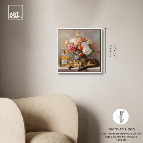 Art Remedy Cat Floral Vase Perfume Canvas Fashion Pet Art, White Frame, 16" x 16" - color: White Frame, size: 17"L x 17"W