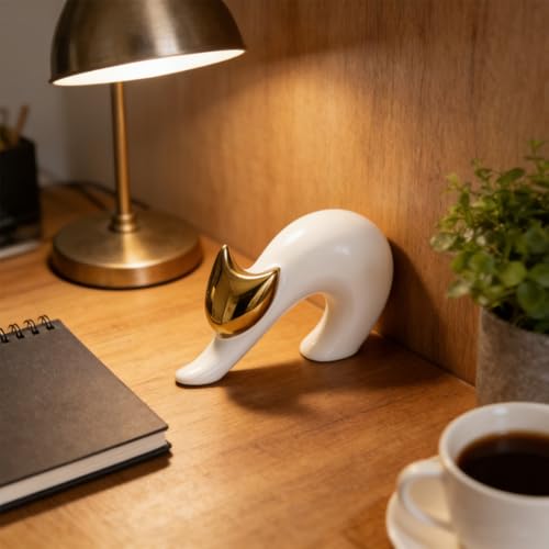 Cat Statues Home Decor White Ceramic Cat Figurine, Gold Cat Figurine Accent, Modern Cat Sculpture 7.9in, Desk Cat Statue for Office Shelf - size: 4.7in