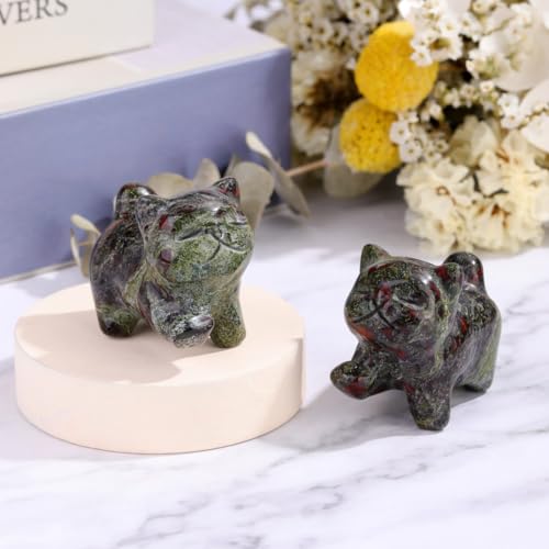 Top Plaza 1 PC Dragon Bloodstone Crystal Cute Cat Figurine Gifts Carved Healing Lucky Home Decor Natural Gemstone Cats Collectibles Pocket Sculpture for Cat Lovers - color: Dragon Bloodstone