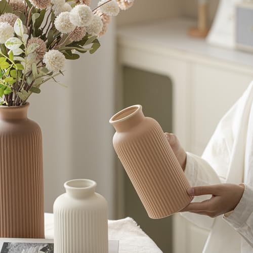 Large Modern Ceramic Vase Set, Coffee Ribbed Matte Design, 3-Piece Decorative Vases for Home, Living Room, Office (XL Coffee Mix) - color: XL Coffee Mix