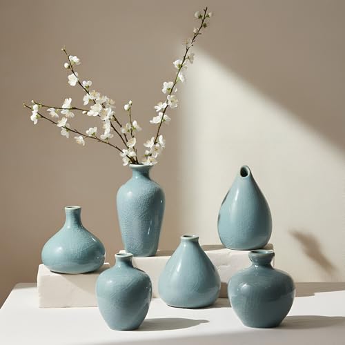 FoldTier 6 Pcs Green Mini Ceramic Bud Vase Vintage Flower Vases Ice Cracked for Farmhouse Rustic Boho Style Table Shelves Home Office Decor Gifts(Classical,Green)