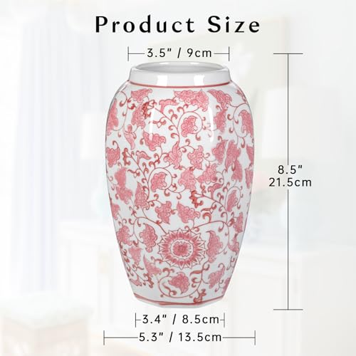 Pink Vase 8.5 Inch Traditional Chinoiserie Floral Vase Porcelain Ginger Jar Octagonal Vases Blue and White Porcelain Decor for Home, Living Room, Kitchen, Mantel, Shelf, Table - color: 8.5 Inch Pink