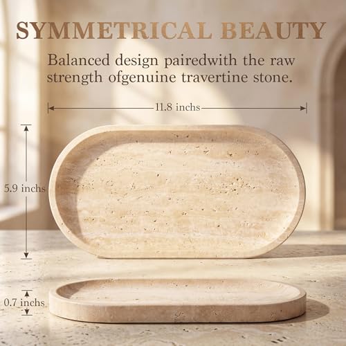 Natural Italian Travertine Tray Oval Decorative Marble Vanity Tray for Bathroom Countertop Hand-Polished Organizer for Kitchen Soap Jewelry Coffee Table Beige (11.8X5.9 Inch)