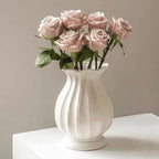 White Vase, Modern Ceramic Flower Vase for Home Décor, Wavy Edge Ribbed Design Pedestal Vases, Minimalism Flared Vases for Living Room Table Centerpieces (7.5" H x 4.5" W)