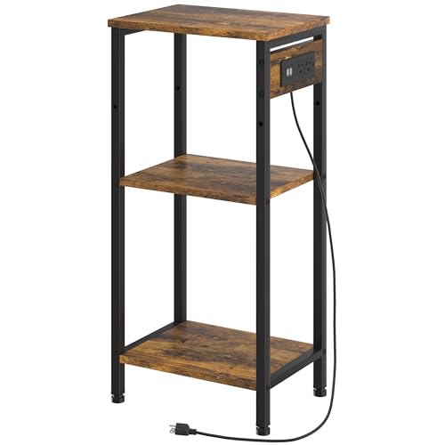 Asgolion Tall End Table with Charging Station, 3 Tier Narrow Tall Nightstand with Storage, Slim Side Table with USB Ports and Outlets for Bedroom, Living Room, Office, Rustic Brown and Black - color: Rustic Brown, style: With Outlet