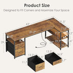 AODK 63 inch L Shaped Computer Desk with Drawers, Reversible Computer Desk with Storage Shelves, Home Office Desk with Built-in Power Outlet, Rustic Brown - color: Rustic Brown, size: 63 Inch