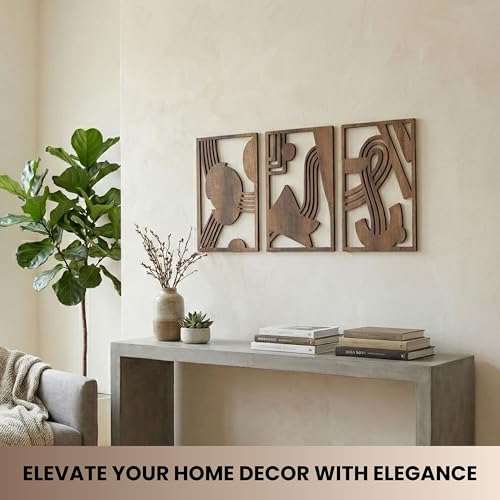 qmmp Modern Wooden Wall Sculptures - Set of 3 - Home Decor Accent - Large Wall Art for Living Room, Bedroom, Office - Easy Installation (Walnut, Medium - Abstract Shapes) - color: Walnut, size: Medium - Abstract Shapes