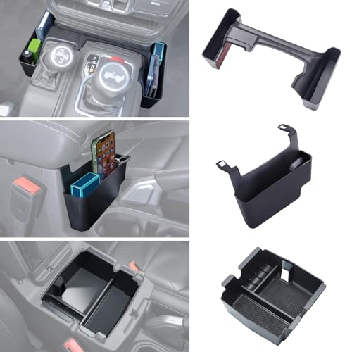 3PCS Center Console Organizer Tray Box Compatible with 2018-2025 Wrangler and 2020-2023 2024 2025 Gladiator Gear Shift Organizer Armrest Accessories Hanging Box（Not for JK/JKU） - color: Black 3PCS Set