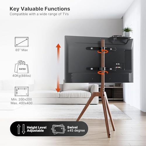 PUTORSEN Premium Wood Easel TV Stand, Adjustable TV Tripod Stand for 45-65 Inch LED LCD Screen, with Top TV Shelf and Magnetic Concealed Cable Management, Max Load 88lbs, Walnut