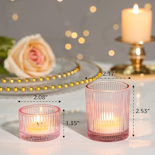 SUPMIND 24 Pcs Glass Votive Candle Holders – Assorted Ribbed Pink Tea Light Holders Bulk for Weddings, Baby Showers, Parties, Home Décor, and Table Centerpieces - color: Pink