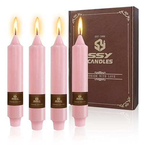 NJAO HOO Pink Short Taper Candle 7 Inch Candlesticks Unscented Dripless Tapered Candle Set for Home Decor Wedding Party Dinner Candles, 4 Pack - color: Pink, size: 7 In
