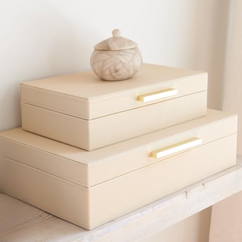 ZICOTO Decorative Storage Boxes with Lids – Set of 2 Beautiful PU Leather Organizer Bins for Your Bookshelf Home Decor - Safely Store Photos, Documents and Memory Box Keepsakes in Style - color: Beige