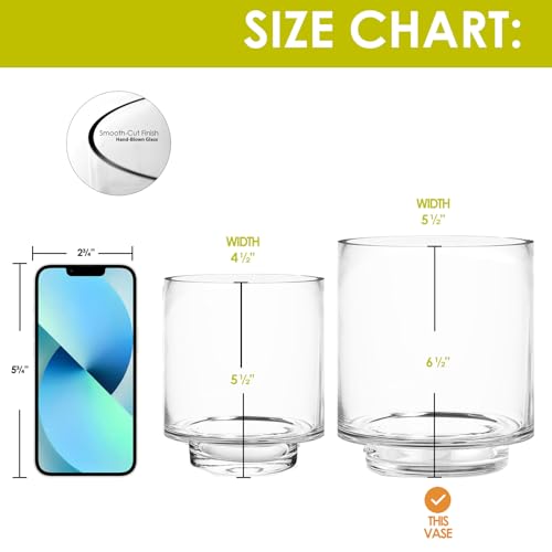 CYS EXCEL 6.5" x 5.5" Clear Glass Hurricane Candle Holder Vase – Cylinder Vase for Pillar & Floating Candles, Wedding Centerpieces & Home Décor - size: H-6.5" D-5.5"