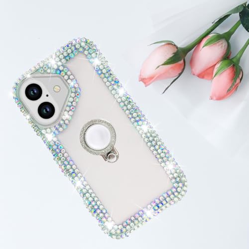 Bonitec Compatible with iPhone 17 Case for Women Glitter Sparkle Bling Cute Metal Finger Ring Bracket Stand Luxury Shiny Crystal Rhinestone Diamond Clear Protective Bumper Cover for Girls