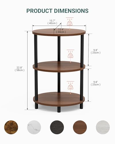 Round Pedestal End Table - 3-Tier Oval Accent Table for Small Spaces, Rustic Wood and Metal Couch Side Table, Nightstand for Bedroom or End Table Living Room, Easy to Assemble, Rustic Walnut - color: Rustic Walnut, size: 1-Pack, style: Without Power Outle
