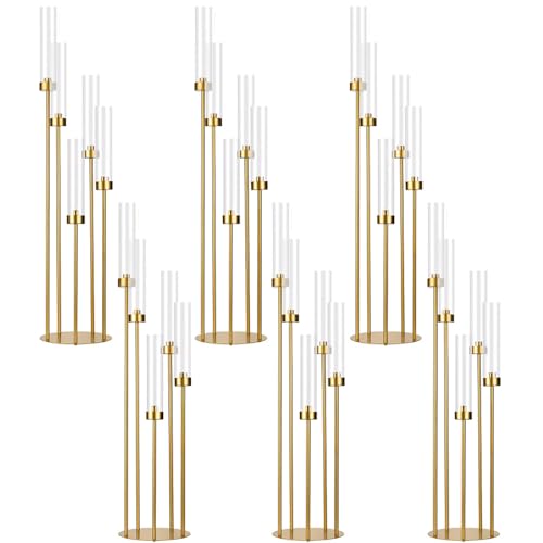 6PCS 5 Arm Candle Holder for Wedding Table,39.4'' Tall Gold Floor Candelabra with Acrylic Lampshade for Birthday Party Home Decoration,Fit LED Taper Candles - color: Gold, size: 6pcs