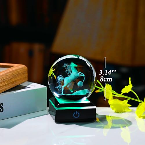 Qianwei Horse Gifts for Women 3D Crystal Ball 3.14'' - Laser Horse Decor Glass Animals Gifts Figurines Statue Stuff for Room Decorations Night Light - style: Horse