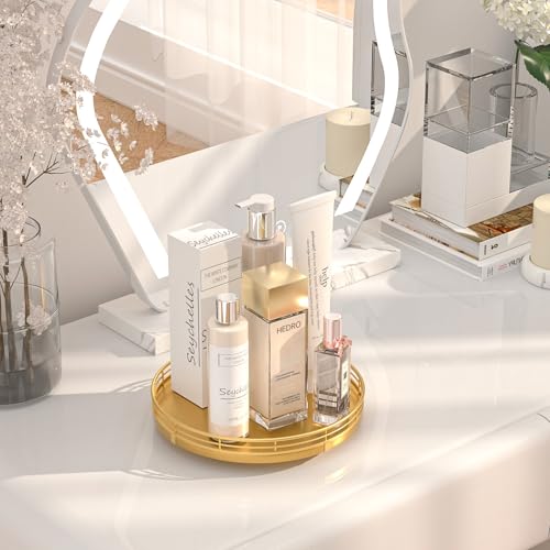 9" Gold Lazy Susan for Table Top, Oak Wood Lazy Susan Turntable Organizer for Dining Coffee Table Centerpiece Bar Decor Kitchen Countertop Bathroom Vanity Decorative Tray for Perfume Jewelry Round - color: Golden, size: 9