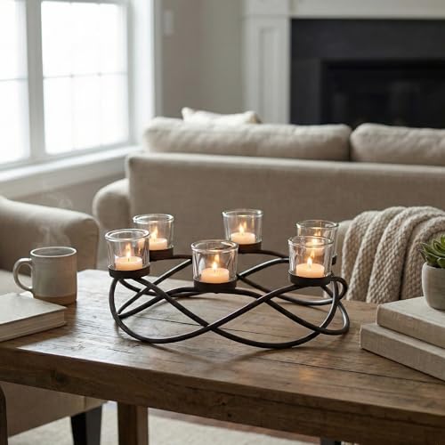 Seraphic Iron Oval Table Decor Centerpiece Decorations Candle Holder for Weddings, Outdoor Patio, Kitchen, Dining Room, and Coffee Tables, Glass Votive Tealight Holders, Black, 6 Clear Chunky Cups - color: Oval Clear