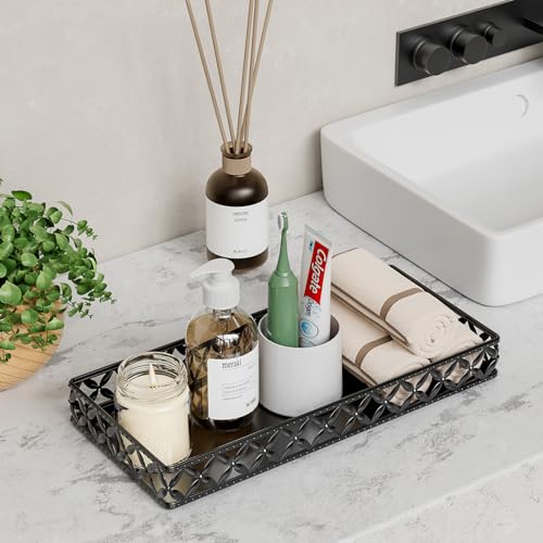 EKNITEY Vanity Tray for Bathroom Counter - Small Rectangle Decorative Tray 11 Inch Black Batroom Countertop Tray Organizer for Perfume Makeup Cosmetic Jewelry - color: Rectangle Floral-black