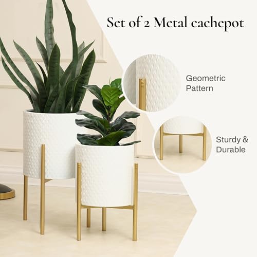 LuxenHome Planters for Indoor Plants, Set of 2 Indoor Plant Pots, White Planter with Gold Metal Stand, Luxury Flower Pots for Plants, Large Floor Plant Pot, NOT Waterproof - color: B White 9.9"+8.3"