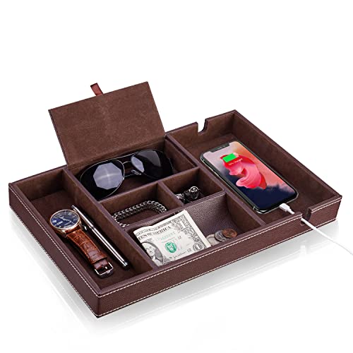 Baoyun Mens Nightstand Organizer, Leather Valet Tray for Men, EDC Catchall Tray with Phone Charging Station, Dresser Top Organizer, 6 Compartments Entryway Valet Box for Wallet, Keys, Phone - color: Single layer-Brown