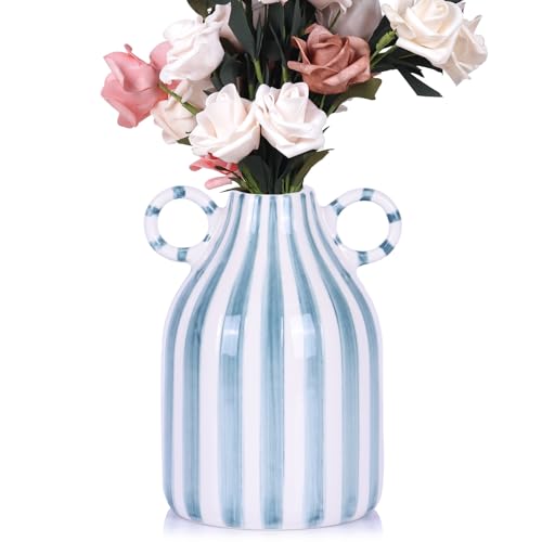 Ceramic Green and White Striped Vase, Hand-Painted Modern Minimalist Bohemian Decor, Central Dining Table, Kitchen Tabletop, Bookshelf, Bedroom Aesthetic Decoration (White Green) - color: White Green