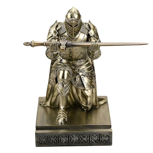 King's Guard Leader Cloak Warrior Knight Pen Holder Mobile Phone Stand, Ornament Knight Statue, Pen Stand Paperweight for Office and Home (Bronze) - color: Bronze