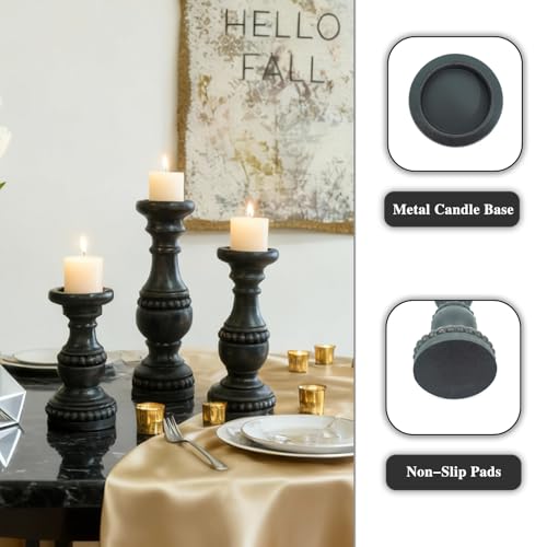 Solid Wood Candle Holder, Farmhouse Candle Holder for Pillar Candle Set of 3, Rustic Wooden Candle Stand, Vintage Small Wooden Candlestick Holders Decorative for Living Room, Table Centerpiece - color: Charcoal Black