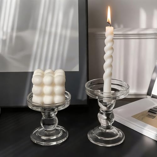Okllen Set of 6 Glass Candle Holders, Clear Pillar Taper Candlestick Crystal Tealight Candle Holder Stand for Dinner Table, Wedding Centerpieces, Living Room, Home Decor