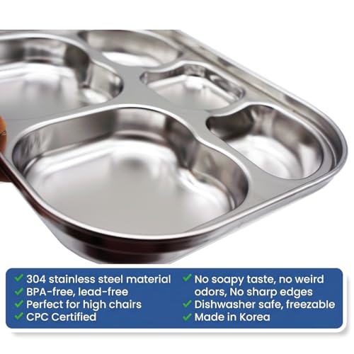 Korean Stainless Steel Divided Plates for Toddlers, Kids, Babies, Premium 304, Electro-Polished, No Black Residue, BPA-Free, 5-Compartment Food Tray, Camping, Picky Eaters, Set of 2 - size: 5 Compartments