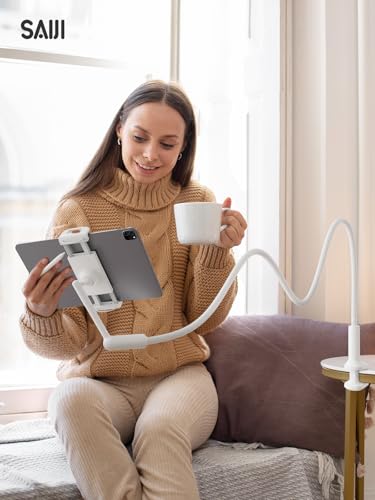SAIJI Gooseneck Tablet Holder for Bed, One-Hand Adjustable, 47" Length, Upgraded Base, iPad Holder Stand Flexible Lazy Arm, Compatible with iPad/iPhone/Kindle/Switch or Other 4.7-13" Device (White) - color: Light White