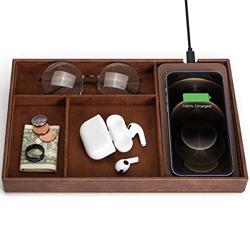 Valet Tray, Built in Wireless Charging Pad, Nightstand Organizer, Dresser Organizer, Mens Jewelry Box, Valet Charging Station, Faux Leather Valet Tray for Men and Women, Brown - color: Brown +Wireless