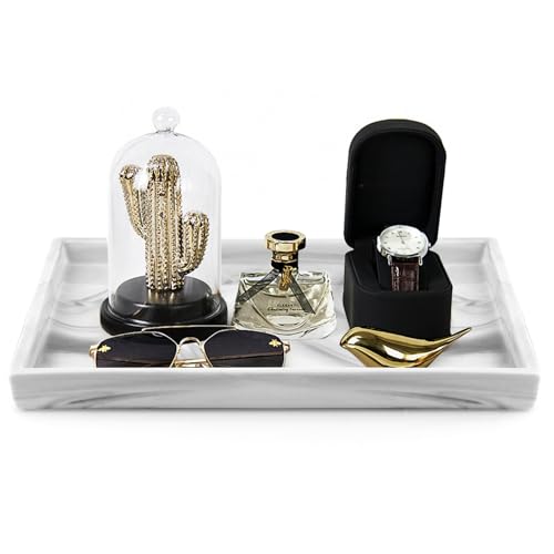 12" Large Ceramic Vanity Tray, Rectangle Perfume Plate Organizer, Jewelry Holder Dish, Non Slip Decorative Tray for Bathroom, Bedroom, Kitchen, Coffee Table (Marble Grey)