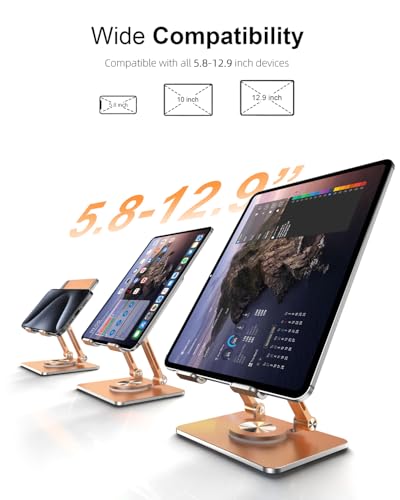 Orlian Tablet Stand Holder with Thickened 360°Rotating Base Dual Rod Adjustable Aluminum Stand for All 5.8-12.9” iPad Samsung Phone Tablet Kindle E-Reader and More, Rose - color: Rose