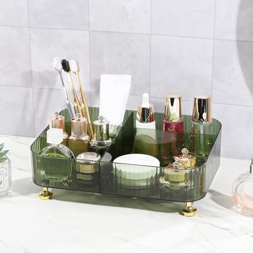 DASITON Makeup Organizer Countertop for Vanity, 5 Slots Makeup Brush Holder Organizer, Vintage Makeup Perfume Tray Cosmetic and Skincare Organizers for Bedroom Bathroom Counter, Desk Storage (Green) - color: Green