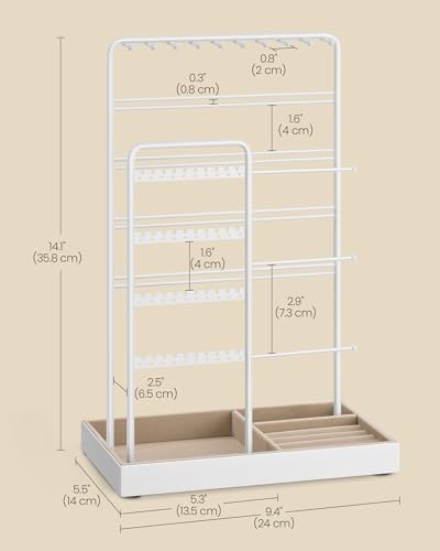 SONGMICS Necklace Holder, Jewelry Stand Holder Organizer, Jewelry Display with Metal Frame, Velvet Tray, Earring Bracelet Holder, for Gift Idea, 5.5 x 9.4 x 14.1 inch, Matte White UJJS028W01 - color: Matte White, size: 5.5"D x 9.4"W x 14.1"H