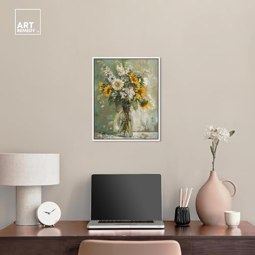 Art Remedy Sunflowers In A Glass Vase Canvas Vintage Farmhouse Wall Art, White Frame, 16" x 20" - color: White Frame, size: 21"L x 17"W