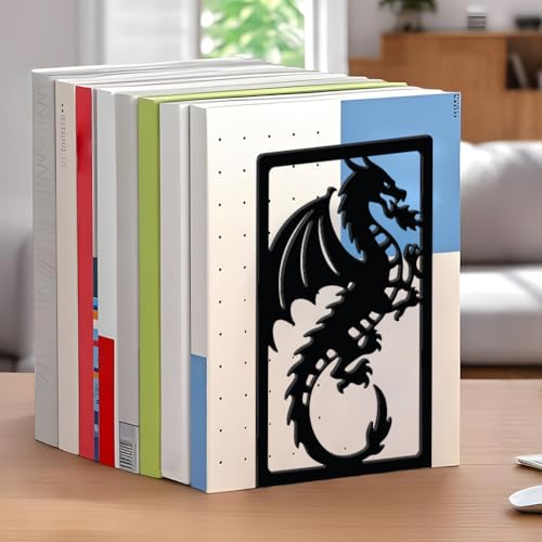 WADORN Creative Dragon Metal Bookends for Shelves Decorative 1 Pair, Heavy Duty Books End Support Non-Skid Book Holder Black L-Shaped Book Stopper for Home Office Desk Book Divider, 4.7x3.5x7 Inch - color: Dragon
