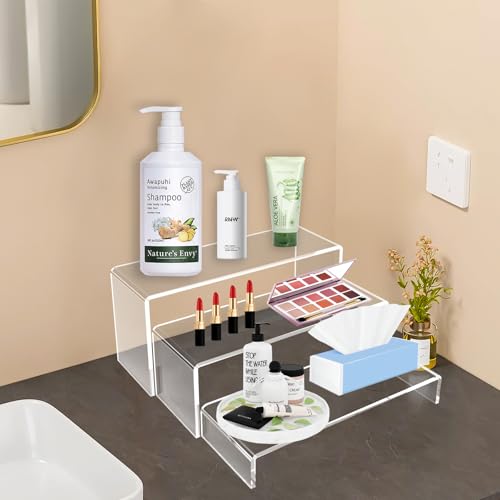 6 PCs Risers Display Stands 3 Tiers Desktop Acrylic Shelves Cake Dessert Holder Products Stand for Collectibles Shoes Jewels Pop Figure (Clear) - color: Clear