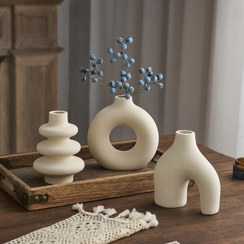 White Ceramic Vase Set of 3, Small Flower Vases for Pampas Grass, Modern Boho Vase for Decor, Round White Vases Centerpieces for Wedding Living Room Bedroom Coffee Table Dinner Table - color: White