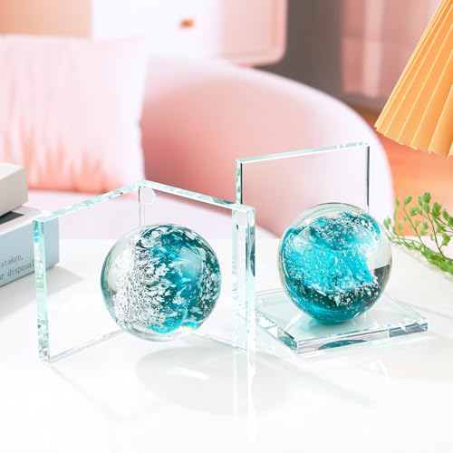 Arikyrist 1 Pair Crystal Bookends for Heavy Books with Hand Blown Ocean Waves Ball Glass Decorative Non Skid Bookends for Bookshelf Office Home (Dark Green) - color: Dark Green