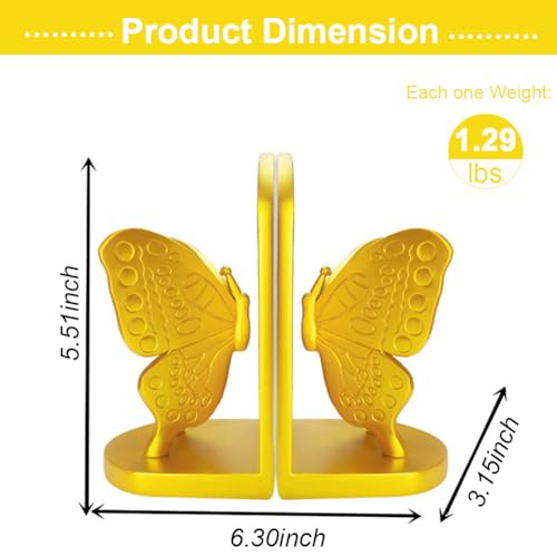 Butterfly Decorative Booknds,Resin Book Ends for Shelves,Gold Heavy Duty Resin Book Stopper for Books,Decorative Book Ends for Shelves,Decor for Desk Home Office.