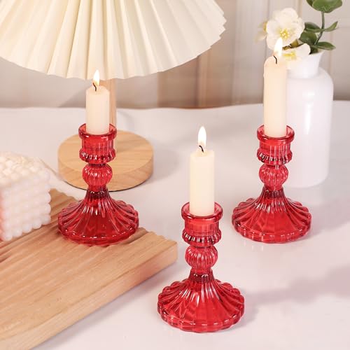 12PCS Red Candlestick Holders Set- 4" H Taper Candle Holders, Glass Candle Holders Bulk for Activities, Party, Home Table Centerpieces, Festival Gifts & Windowsill Decor - color: Red Striped Pattern