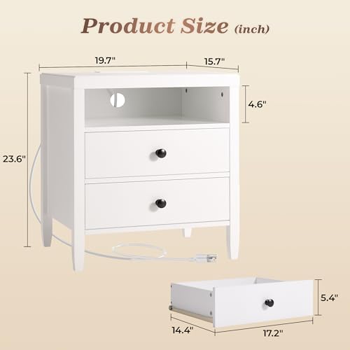 Huuger White Nightstand Set of 2, Night Stand with Charger Station, Bedside Table with 2 Drawers, Bed Side Tables for Bedroom, Modern Nightstands, Metal Knobs, Painted Surface - color: White