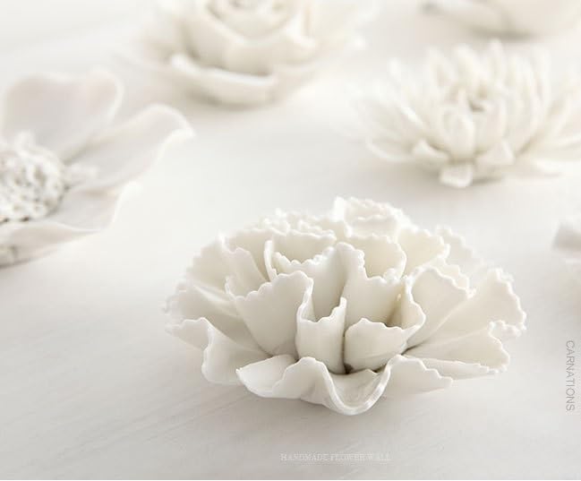 AMERRY Carnation 3.15" Ceramic 3D Wall Art, Handmade Porcelain Flower Wall Decor for Home Office Decor (White) - color: White,Carnation，3.15"
